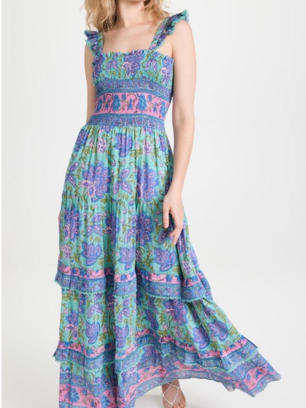 Floral Smocked Maxi Dress in Aqua, Lavender & Pink